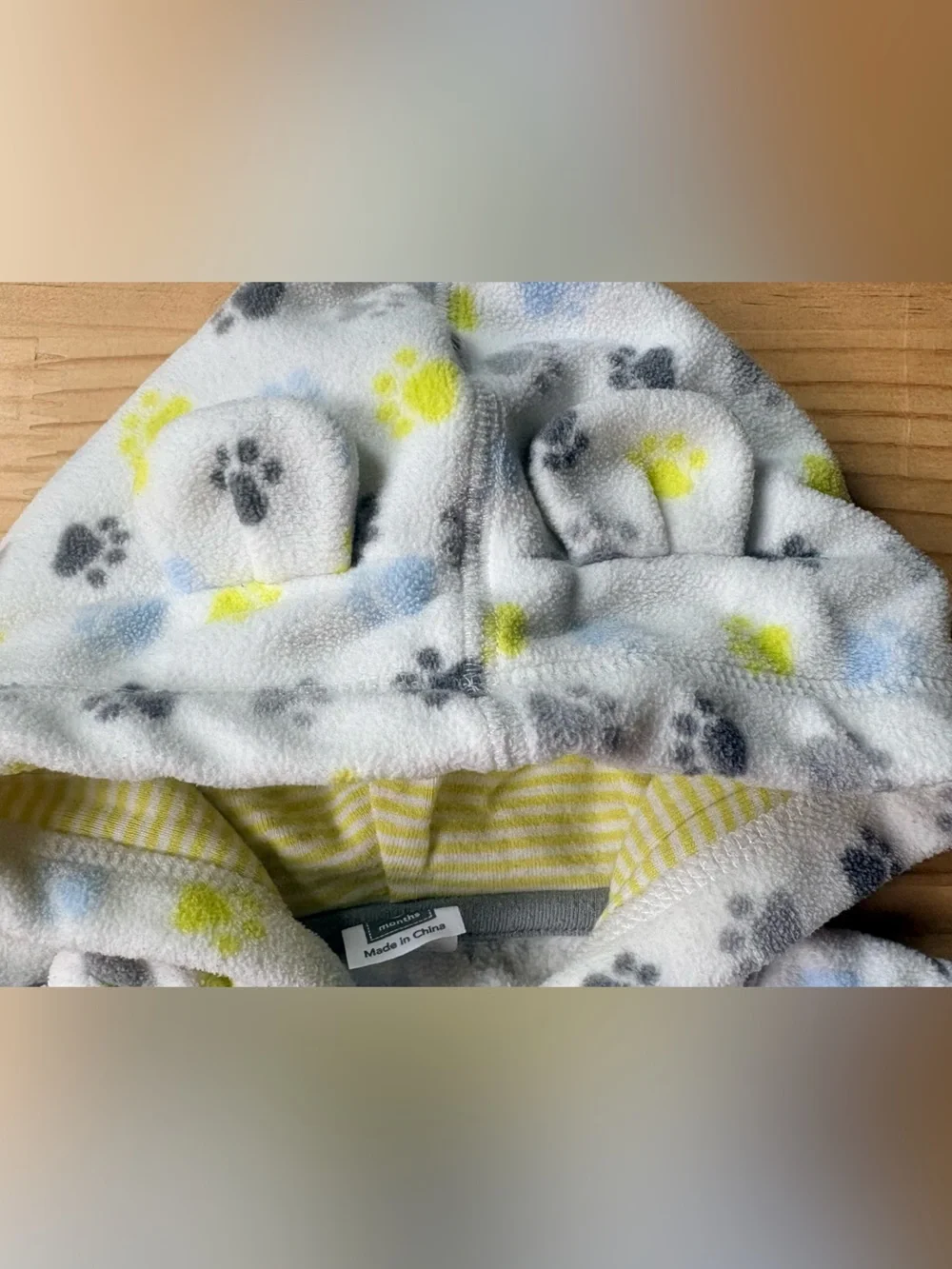 Carter's White Fleece Hoodie with Gray, Yellow & Blue Paw Prints